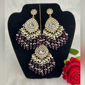 Gold And Purple Long Kundan Earrings And Tikka Set
